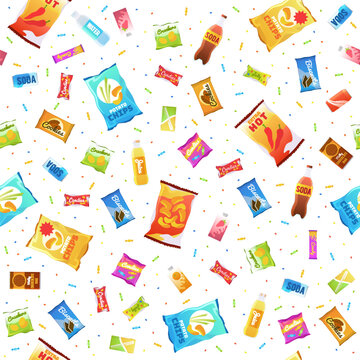Seamless pattern with sweet drinks and candy. Soda water, chips in packet and cracker. Vending machine background. Decor textile, wrapping paper, wallpaper design. Vector concept