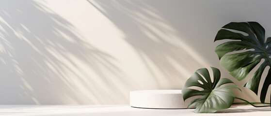 a blank minimal white counter podium with a soft beautiful, dappled sunlight palm foliage leaf shadow on wall for hygiene cosmetic, skincare, beauty treatment product created by generative AI
