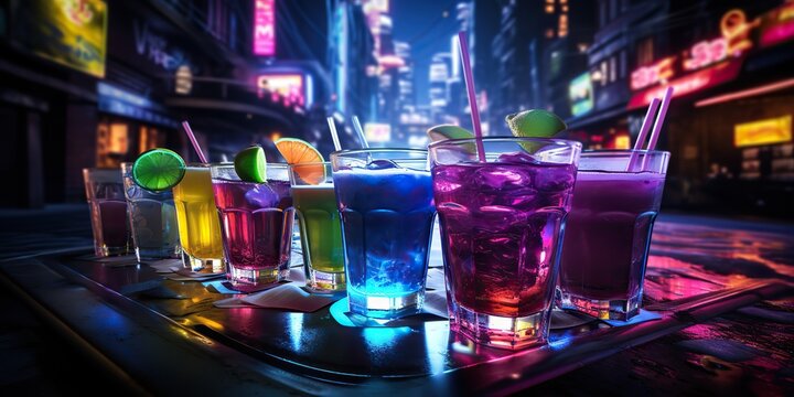 AI Generated. AI Generative. Neon glowing cocktail glass mug bar pub in synthwave cyberpunk retrowave style. Night life party alcohol drink vibe. Graphic Art