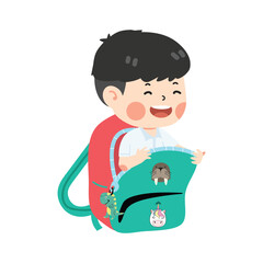 Cute boy student  in a bag