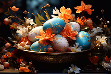Easter eggs in a golden bowl with flowers. Easter concept. Magical Easter greeting card. AI Generative