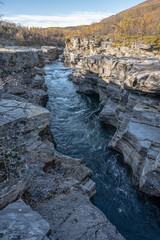 Autum Abisko Canyon River Abiskojakka National Park, Norrbottens, Norrbottens Lapland landscape north of Sweden