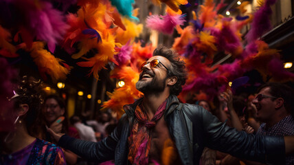 A man in colorful feathers rejoices at the festival. LGBT. AI Generative