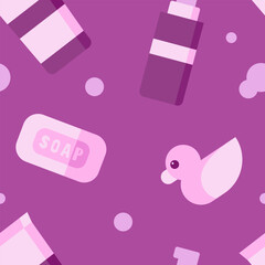 Seamless pattern with the image of bath cosmetics. Vector illustration in pink tones. Poster for the sale of cosmetic products.