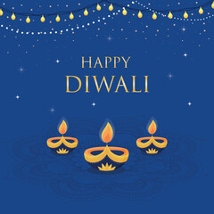 Happy Diwali. Festive Diwali card. Design template with candles, golden lights and lanterns on a colorful blue background, mandala. vector holiday illustration