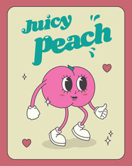 Vector poster with juicy peach in groovy style on yellow background. Retro 70s-80s cartoon character for projects.
