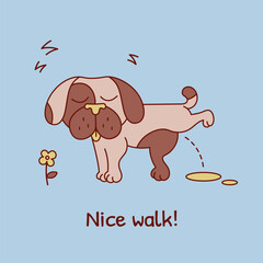 Vector illustration of a dog on a walk on a blue background. Image of a pug tickling and napping. A cartoon poster on the topic of a pet store.
