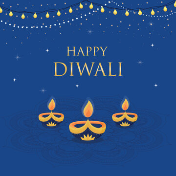 Happy Diwali. Festive Diwali card. Design template with candles, golden lights and lanterns on a colorful blue background, mandala. vector holiday illustration