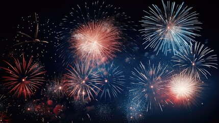 Fototapeta na wymiar Close up of brilliant fireworks exploding in the night sky, generative ai