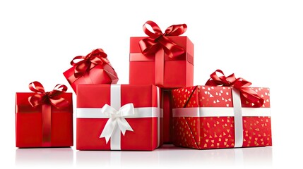 Fototapeta premium Gifts With Red Ribbons Isolated On White, generative ai