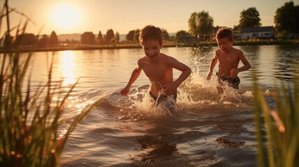 Gluckliche Junge Menschen Laufen Und Springen Am See Beim Sonnenuntergang, generative ai