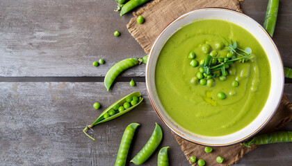 green peas soup on rustic background, top view, copy space