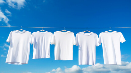 Dried laundry white t-shirts in a row. Blue summer sky hot weather. Clean washed clothes dry...