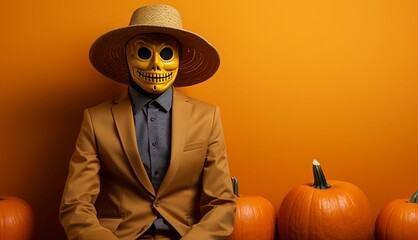 Man wear pumpkin mask costume celebrating Happy Halloween, copy space text, generative AI