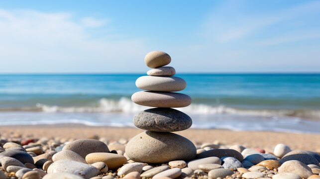 Perfectly round pebble stones stacked up on a sandy beach,  generative ai