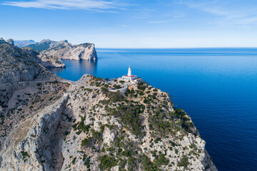 Lighthouse of Formentor, on the island of Mallorca. Aerial view of the cliffs in the mountains of...