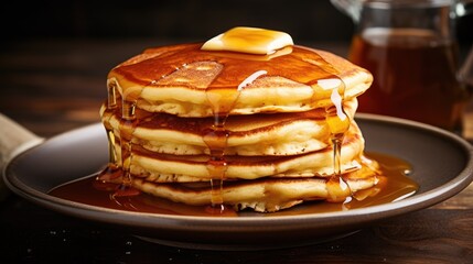 Stack of pancakes dripping with maple syrup on a plate, generative ai - obrazy, fototapety, plakaty