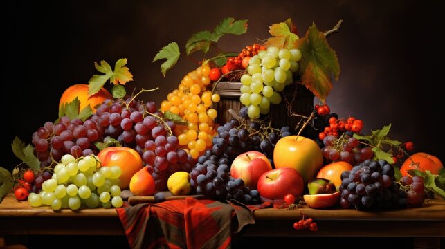 Still life painting of fruit including oranges, apples and grapes, generative ai