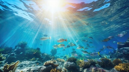 Naklejka na ściany i meble Underwater scene with sunlight streaming down and schools of tropical fish, generative ai