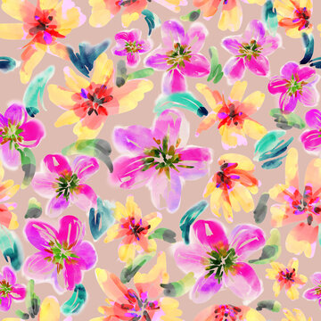 Watercolor drawing. Seamless floral pattern with bright colorful flowers and leaves. Elegant template for fashion prints. Modern floral background. Fashionable folk style. Ethnic style. Neon