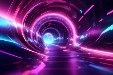 Obraz premium Digital Dreamscape: Abstract Futuristic Background with portal tunnel Vibrant Neon Waves, Data Mountains, and Bokeh Lights. A Captivating Representation of Data Transfer and a Mesmerizing Wallpaper