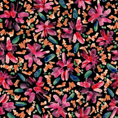 Watercolor drawing. Seamless floral pattern with bright colorful flowers and leaves. Elegant template for fashion prints. Modern floral background. Fashionable folk style. Ethnic style. Neon