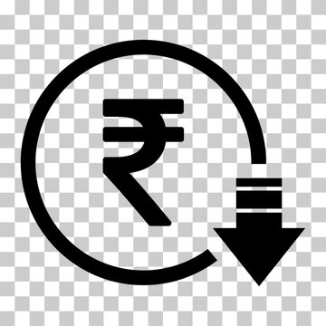 Cost reduction- decrease rupee icon. Vector symbol isolated on background