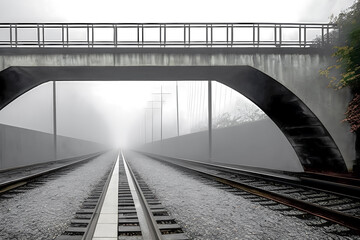 Pedestrian bridge over the railway on a foggy autumn morning. Generative AI