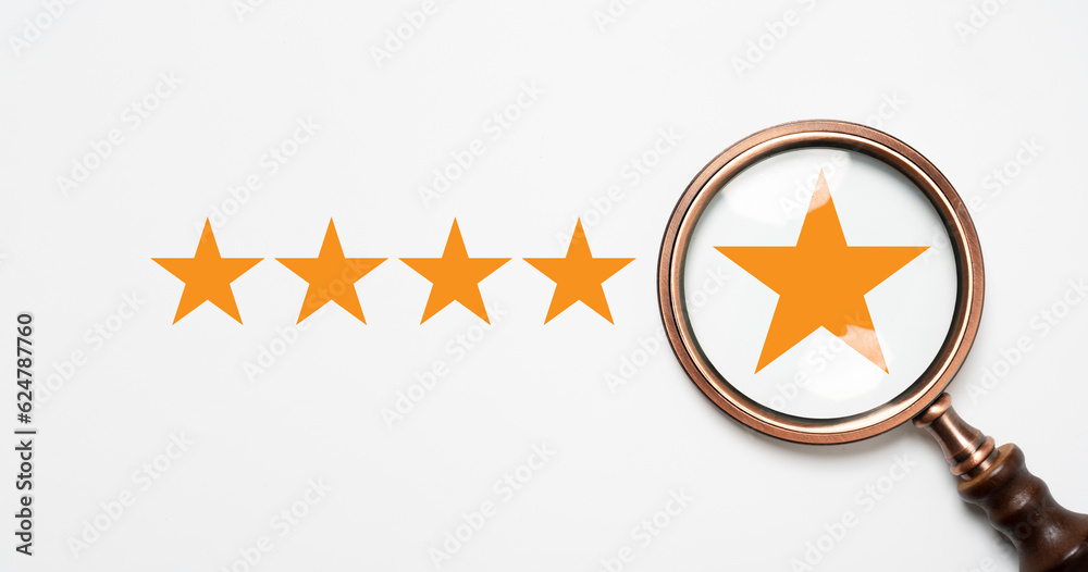 Poster yellow stats inside of magnifier glass on white background for focus customer satisfaction and produ