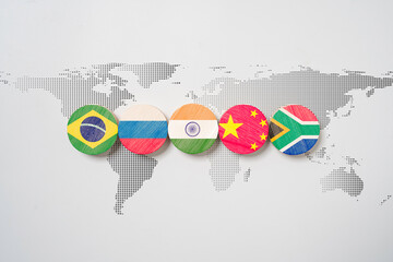Brazil Russia India China and South Africa flag on world map for BRICS economic international...
