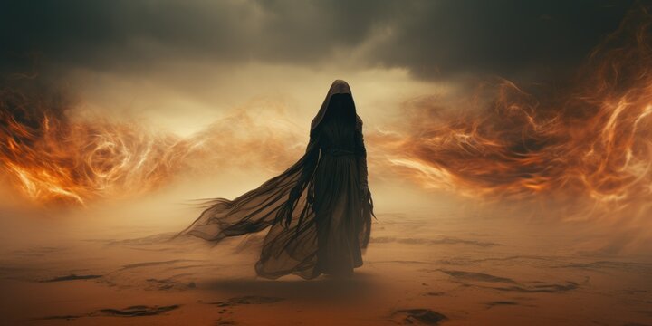Scary shadowy grim reaper wandering in ethereal sandstorm of dust, dressed in dark black hooded robe of decaying smoke, death follows wherever he walks in spirit - generative AI 