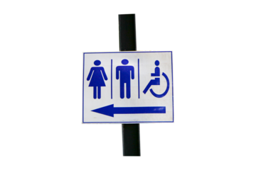 Signs Modern public toilet or bathroom sign white adjacent to brown iron isolated on cut out PNG. of men, women, people disabilities with person icon. Symbol notifying people.