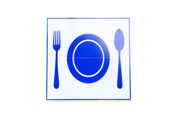 Directional sign fork, spoon, plate blue indicating food outlets area isolated on cut out PNG....