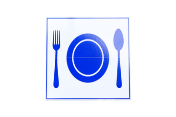 Directional sign fork, spoon, plate blue indicating food outlets area isolated on cut out PNG. Signs tell the area to let people know the restaurant, canteen, bistro. in natural light.
