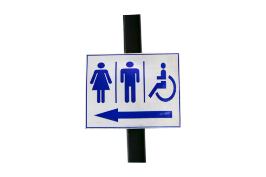 Signs Modern public toilet or bathroom sign white adjacent to brown iron isolated on cut out PNG. of men, women, people disabilities with person icon. Symbol notifying people.