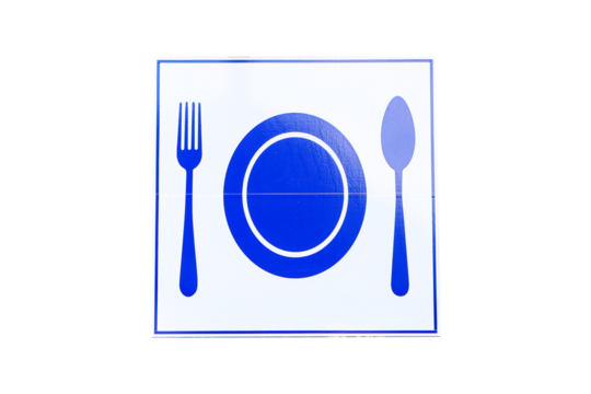 Directional sign fork, spoon, plate blue indicating food outlets area isolated on cut out PNG. Signs tell the area to let people know the restaurant, canteen, bistro. in natural light.