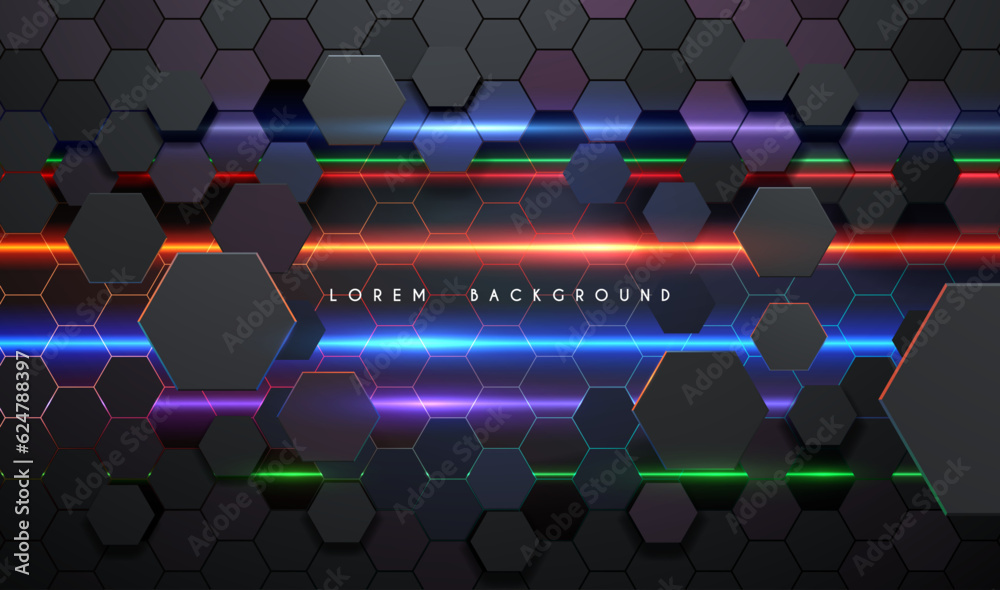 Wall mural abstract hexagonal shapes with neon light lines