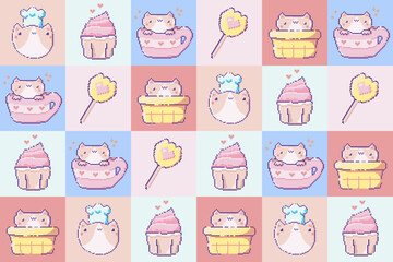 Cute vector cats pattern in pixel art style