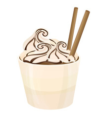 Hot chocolate. Flavorful drink in a mug decorated with whipped cream with chocolate topping and waffle tubes. Vector illustration of dessert isolated on white background.