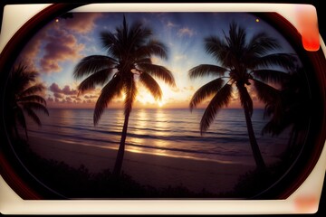 A Picture Of A Sunset On A Beach With Palm Trees