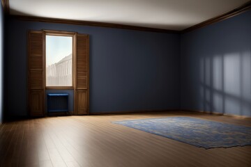 An Empty Room With A Blue Rug And A Window