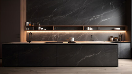 Interior of luxury kitchen with grey black marble and wooden walls
