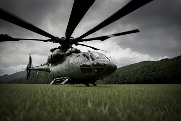 A Large Helicopter Sitting On Top Of A Lush Green Field