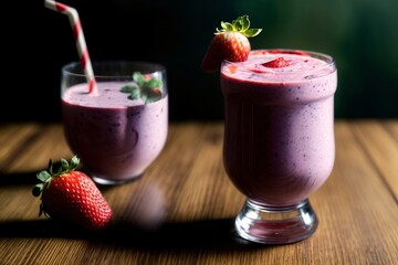 Two Glasses Of Smoothie With Strawberries On A Table