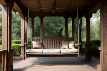 Fototapeta premium A Wooden Porch Swing With Pillows On It