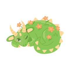 Large green dragon, covered with flowers, lies with one eye open.