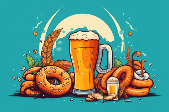 Full glass of beer with foam, pretzel loaf and wheat ears for october fest holiday. Octoberfest Beer pub vector illustration. Generative AI