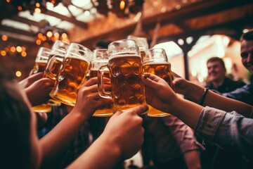 people toasting with beer glasses. Generative AI