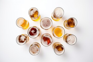 beer glasses arranged in a circle on a white background.  Generative AI