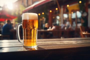 a glass of beer on a wooden table against the background of a blurred pub.  Generative AI